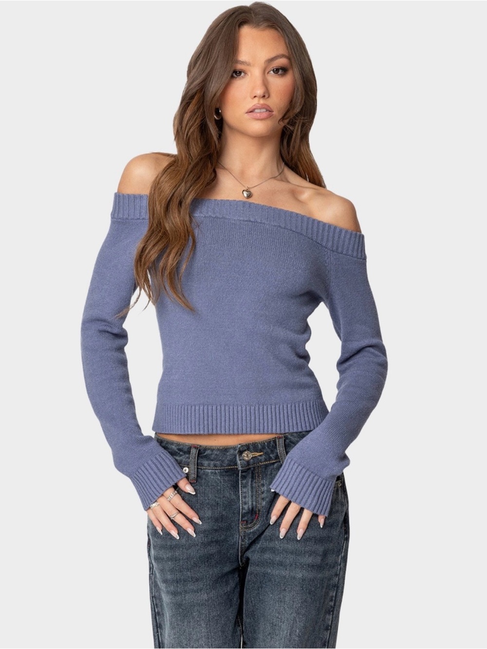 EDIKTED Elona Off Shoulder Knit Top Blue, size S, like new!